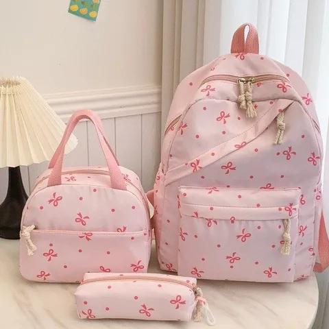 Juego de Mochila de Nailon Estampado de Lunares con Lazo Con Bolso de Mano y Estuche Dulce Estilo Preppy Mochila Escolar Gran Capacidad Mochila de Viaje para Estudiantes Adolescentes