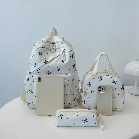 Juego de Mochila de Nailon Estampado de Lunares con Lazo Con Bolso de Mano y Estuche Dulce Estilo Preppy Mochila Escolar Gran Capacidad Mochila de Viaje para Estudiantes Adolescentes