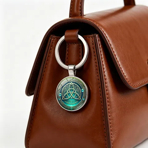 Porte-clés Nœud de la Trinité Celtique Alliage de Zinc Verre Gemme du Temps Triquetra Charme de Sac Rétro Cadeau