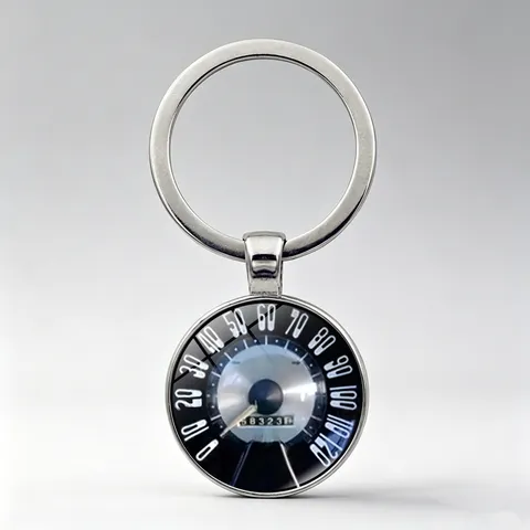 Vintage Car Speedometer Keychain Retro Time Gem Glass Cabochon Pendant Zinc Alloy Metal Key Ring Accessory For Enthusiasts