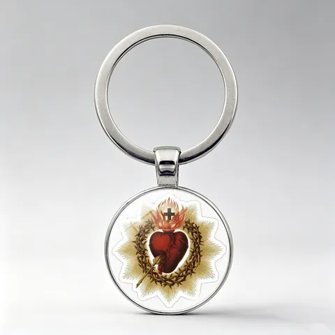 Sacred Heart Time Gem Keychain Religious Sacred Heart of Jesus Glass Cabochon Zinc Alloy Pendant Car Bag Hanging Accessory Jewelry Gift