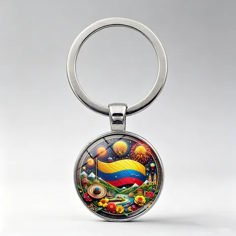 Colombia Flag Fireworks Landscape Keychain Retro Time Gem Glass Cabochon Zinc Alloy Metal Keyring Travel Souvenir Pendant