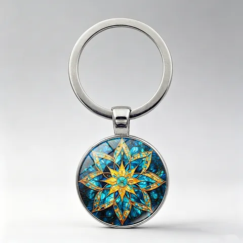 Vintage Mandala Eight-Pointed Star Time Gem Keychain Alloy Glass Cabochon Retro Blue Gold Pattern Key Ring For Bag Car Decoration Men Women