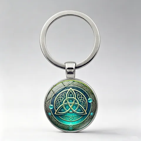 Porte-clés Nœud de la Trinité Celtique Alliage de Zinc Verre Gemme du Temps Triquetra Charme de Sac Rétro Cadeau