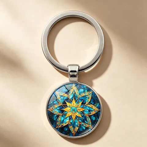 Vintage Mandala Eight-Pointed Star Time Gem Keychain Alloy Glass Cabochon Retro Blue Gold Pattern Key Ring For Bag Car Decoration Men Women
