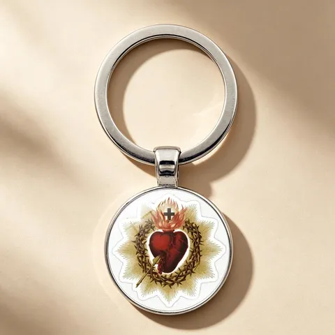Sacred Heart Time Gem Keychain Religious Sacred Heart of Jesus Glass Cabochon Zinc Alloy Pendant Car Bag Hanging Accessory Jewelry Gift