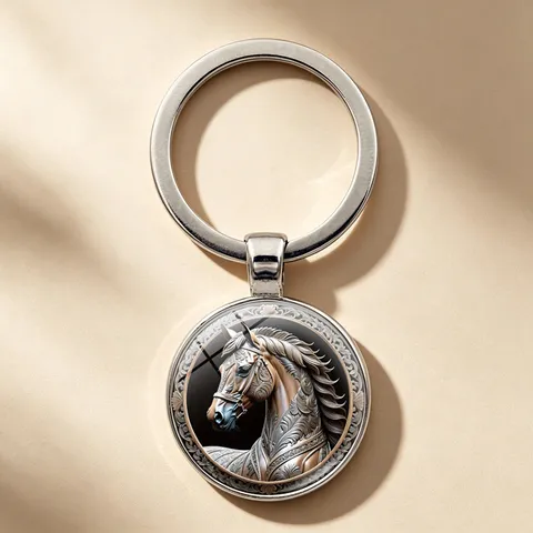 Portachiavi con Gemma del Tempo a Rilievo di Cavallo Vintage in Lega di Zinco Cabochon in Vetro Ciondolo per Auto Borsa Uomo Anello Portachiavi in Metallo Retrò Regalo