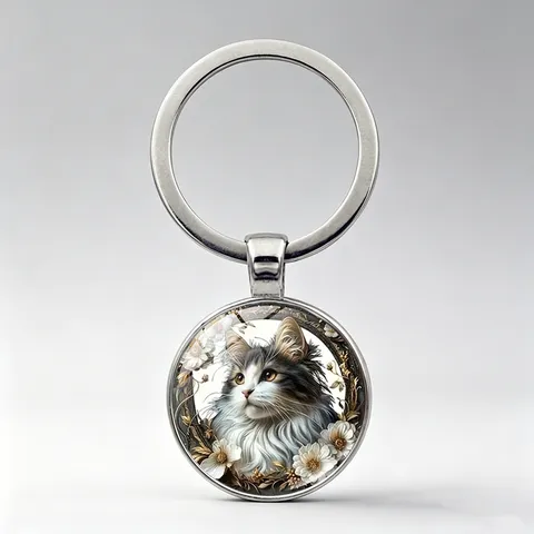 Cute Cat Time Gem Keychain Double-Sided Glass Cabochon Zinc Alloy Metal Key Ring Bag Charm Pendant Decoration Gift
