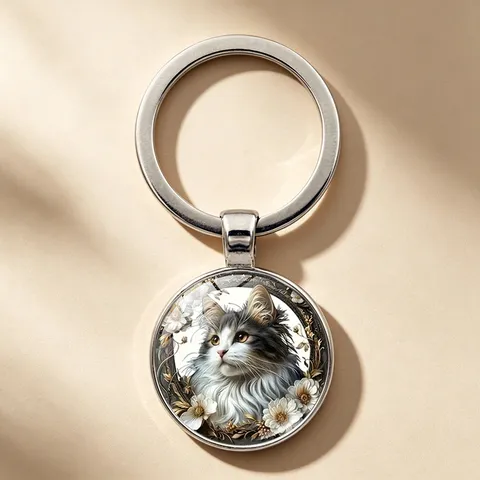 Cute Cat Time Gem Keychain Double-Sided Glass Cabochon Zinc Alloy Metal Key Ring Bag Charm Pendant Decoration Gift