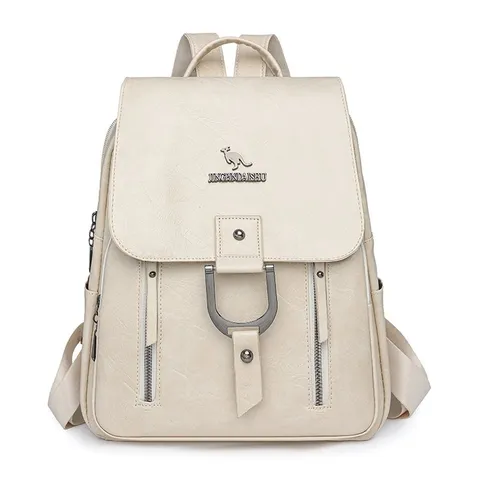 Women's Fashion PU Leather Backpack Western Simple Solid Color Flap Rucksack With Metal D-Ring Casual Daily Travel Bag For Lady