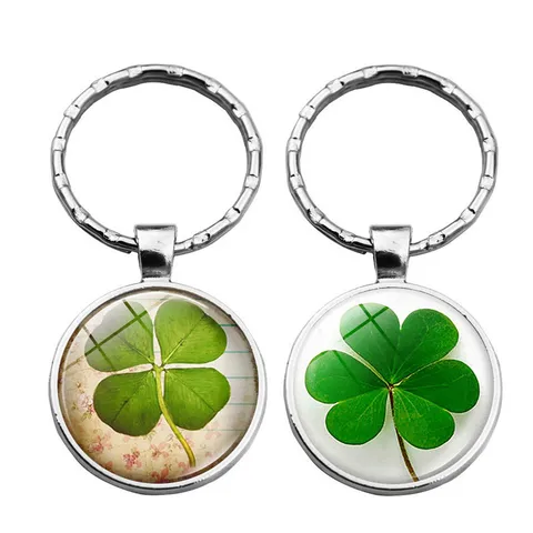 Lucky Four Leaf Clover Time Gem Keychain Green Glass Cabochon Zinc Alloy Good Luck Key Ring Bag Charm Car Pendant Gift