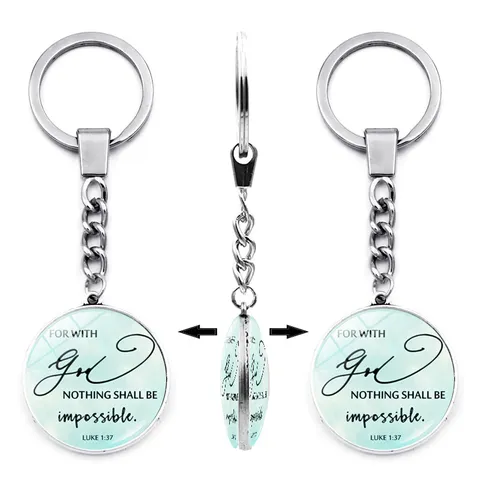 Inspirational Double Sided Time Gem Zinc Alloy Keychain Bible Verse English Quote Glass Pendant Bag Charm Metal Keyring