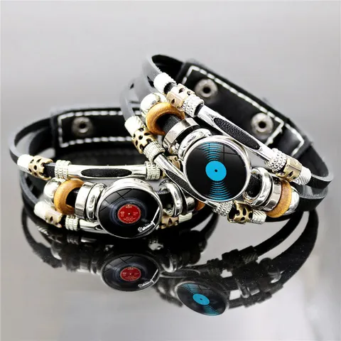 Retro Punk Multilayer Braided Synthetic Leather Bracelet Vinyl Record Charm Alloy Wood Bead Bracelet Rock Jewelry For Men Women
