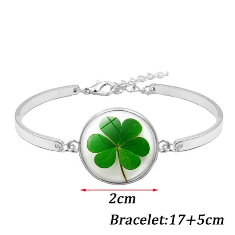 Lucky Four Leaf Clover Time Gem Jewelry Set Alloy Glass Pendant Necklace Bracelet Hook Earrings Silver Green Women Bohemian Jewelry