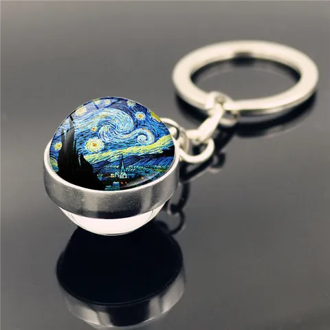 Van Gogh Famous Oil Painting Art Time Gem Keychain Zinc Alloy Glass Ball Pendant Artistic Key Ring Starry Night Sunflower Gift Unisex