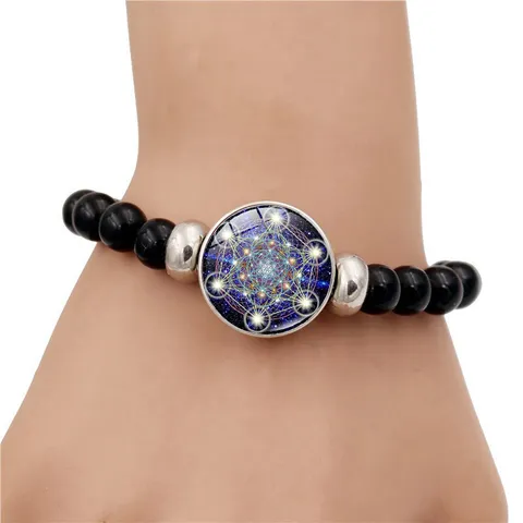 Bracelet Géométrie Sacrée Cube de Métatron Fleur de Vie Cabochon en Verre Perles Noires Bijoux Spirituels Femmes Hommes