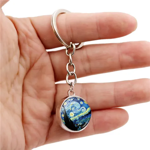 Van Gogh Famous Oil Painting Art Time Gem Keychain Zinc Alloy Glass Ball Pendant Artistic Key Ring Starry Night Sunflower Gift Unisex