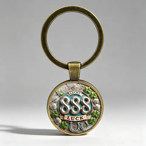 Lucky 888 Number Keychain Metal Key Ring Pendant Four-Leaf Clover Horseshoe Motif Retro Zinc Alloy Bag Accessory Gift