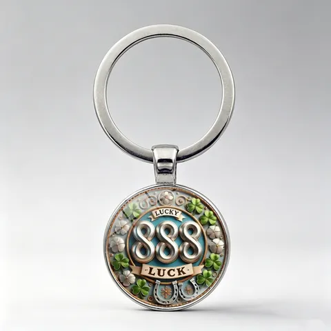 Lucky 888 Number Keychain Metal Key Ring Pendant Four-Leaf Clover Horseshoe Motif Retro Zinc Alloy Bag Accessory Gift