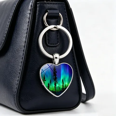 Nordic Aurora Borealis Herzform Schlüsselanhänger Zinklegierung Glas Waldsilhouette Anhänger Tasche Charm Schlüsselring Zubehör