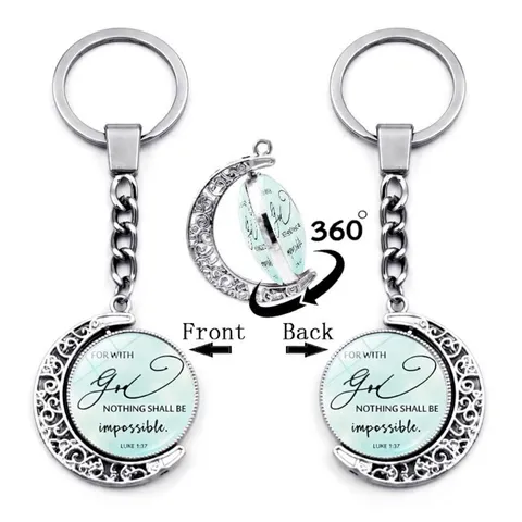 Inspirational Bible Verse Keychain Rotating Double Sided Moon Pendant Zinc Alloy Glass Dome Key Ring Religious Gift Bag Charm For Men Women