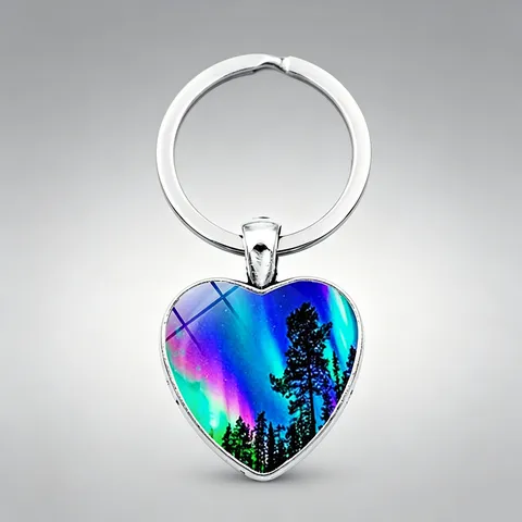 Nordic Aurora Borealis Herzform Schlüsselanhänger Zinklegierung Glas Waldsilhouette Anhänger Tasche Charm Schlüsselring Zubehör