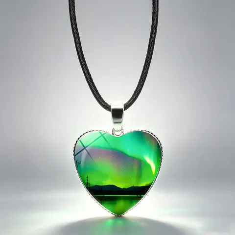 Beautiful Aurora Heart Time Gem Necklace Northern Lights Starry Sky Pendant Alloy Glass Necklace For Women Jewelry