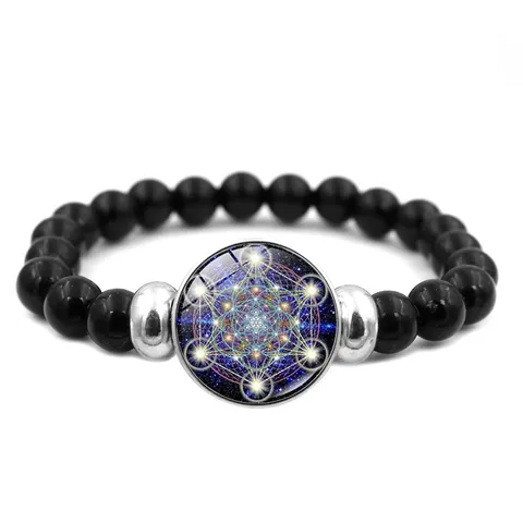 Bracelet Géométrie Sacrée Cube de Métatron Fleur de Vie Cabochon en Verre Perles Noires Bijoux Spirituels Femmes Hommes