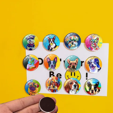 Oil Painting Dog Portraits Round Synthetic Resin Fridge Magnets Creative Cartoon Decorative Magnetic Whiteboard Magnets Office Home Decor