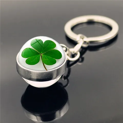 Lucky Four Leaf Clover Keychain Zinc Alloy Glass Cabochon Shamrock Metal Keyring St Patricks Day Gift For Men Women Jewelry