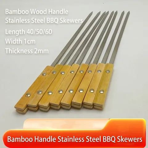Longues Brochettes de Barbecue Plats en Acier Inoxydable Épaissies Aiguilles Avec Manche en Bois de Bambou pour Grillades Commerciales Extérieures