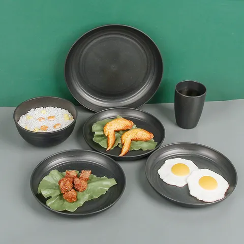 Modern Minimalist Wheat Straw Dinnerware Set Solid Color Matte Speckled Black Bowls Plates Cups For Home Daily Tableware