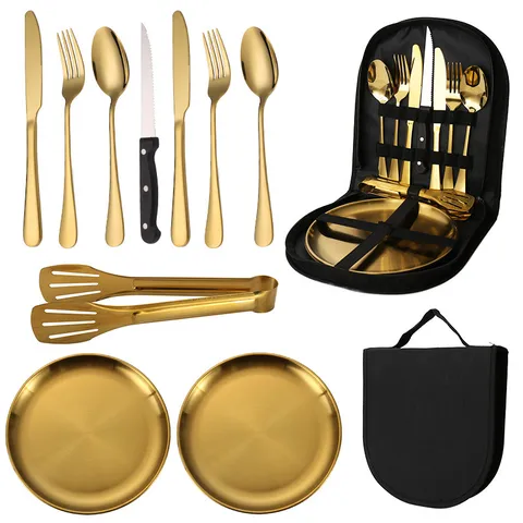 Portable Stainless Steel Tableware Set For Outdoor Camping Picnic BBQ Travel Dinnerware Set Flatware With Storage Bag