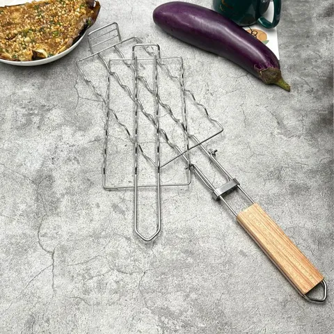 Panier de Barbecue en Acier Inoxydable Avec Manche en Bois Pliable Détachable Pince à Saucisses Hot Dog Grille de Barbecue de Camping en Plein Air