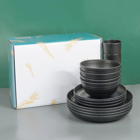 Modern Minimalist Wheat Straw Dinnerware Set Solid Color Matte Speckled Black Bowls Plates Cups For Home Daily Tableware