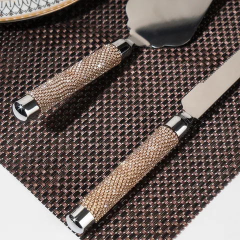 Luxury Stainless Steel Rhinestone Cake Knife and Server Set Rose Gold Mirror Polished Wedding Party Dessert Cutter