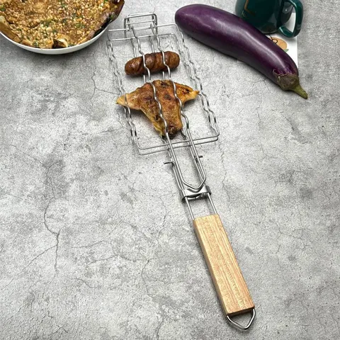 Panier de Barbecue en Acier Inoxydable Avec Manche en Bois Pliable Détachable Pince à Saucisses Hot Dog Grille de Barbecue de Camping en Plein Air