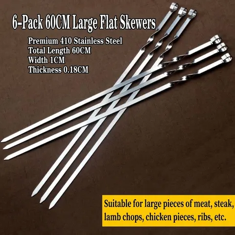Stainless Steel BBQ Skewers Long Flat Grilling Needle Shish Kebab Grilling Sticks With Spiral Handle For Outdoor Camping Picnic Meat Vegetable Tools