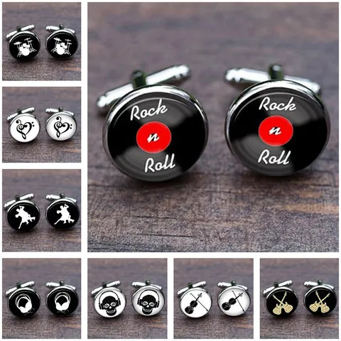 Rock Music Theme Time Gem Cufflinks For Men Silver Alloy Round Record Guitar Skull Violin Musical Instrument French Shirt Studs Jewelry