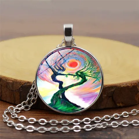 Tree of Life Time Gemstone Pendant Necklace Alloy Glass Cabochon Sweater Chain Fashion Artistic Jewelry Gift For Women