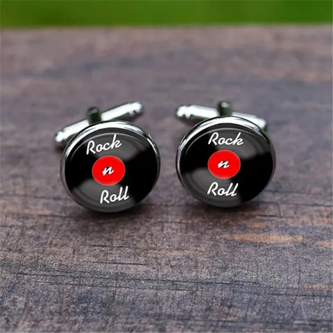 Rock Music Theme Time Gem Cufflinks For Men Silver Alloy Round Record Guitar Skull Violin Musical Instrument French Shirt Studs Jewelry