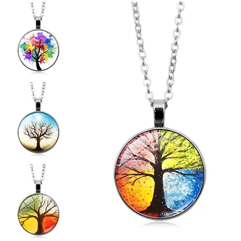 Tree of Life Time Gemstone Pendant Necklace Alloy Glass Cabochon Sweater Chain Fashion Artistic Jewelry Gift For Women