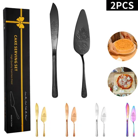 Juego de Pala y Cuchillo para Tarta de Acero Inoxidable Vintage Europeo 2PCS Dorado Plateado Negro Herramientas de Corte para Boda Cumpleaños Con Caja de Regalo