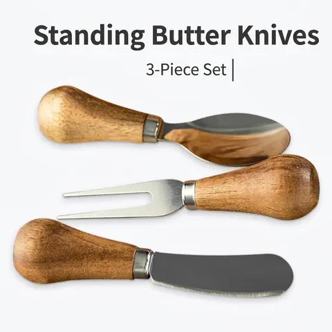 Standing Wood Handle Butter Knife Set Stainless Steel Cheese Spreader Jam Spoon Fork Vertical Desktop Cutlery Kit Modern Kitchen Tools