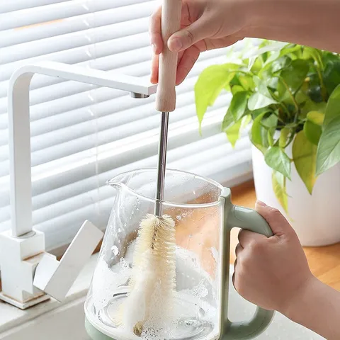 Langer Holzgriff Flaschenreinigungsbürste Mit L-förmigem Kopf Küchenbecher Weinflasche Milchflasche Schrubber Edelstahlstab Nylonborstenbürste
