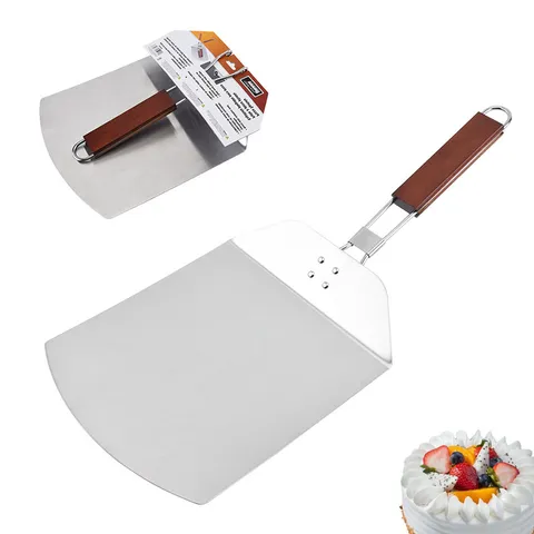 Stainless Steel Foldable Pizza Peel With Wooden Handle Large Cake Lifter Transfer Shovel Heat Resistant Home Baking Shovel Tool