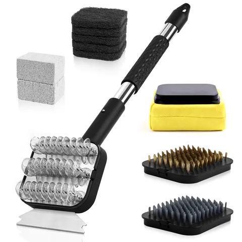 Multifunktionale Edelstahl Grillreinigungsbürste Mit Langem Griff Schaber Scheuerpad Bimsstein Reinigungsset