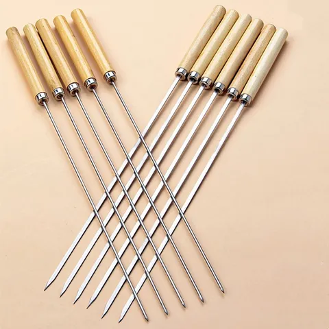 Edelstahl Grillspieße Mit Holzgriff Flache Runde Kabob Grillspieße Wiederverwendbare BBQ Fleisch Gemüse Spieße Für Outdoor Grill