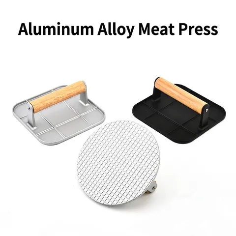 Aluminum Alloy Hamburger Meat Presser With Wood Handle Round Square Steak Press Board Grid Pattern Manual BBQ Burger Patty Maker Tool