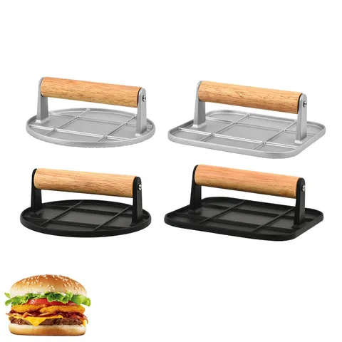 Aluminum Alloy Hamburger Meat Presser With Wood Handle Round Square Steak Press Board Grid Pattern Manual BBQ Burger Patty Maker Tool